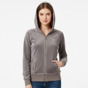 Guess Velour Zip‎ Up Hoodie Rhinestone Logo Grey Size M Y2K